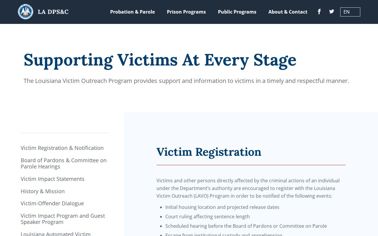 West Baton Rouge Parish release notice context on Louisiana DPS and Corrections victim services