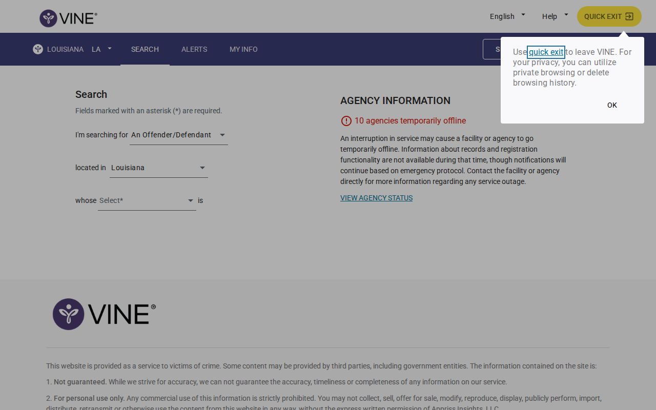 West Baton Rouge Parish VINE inmate check on the Louisiana VINELink search
